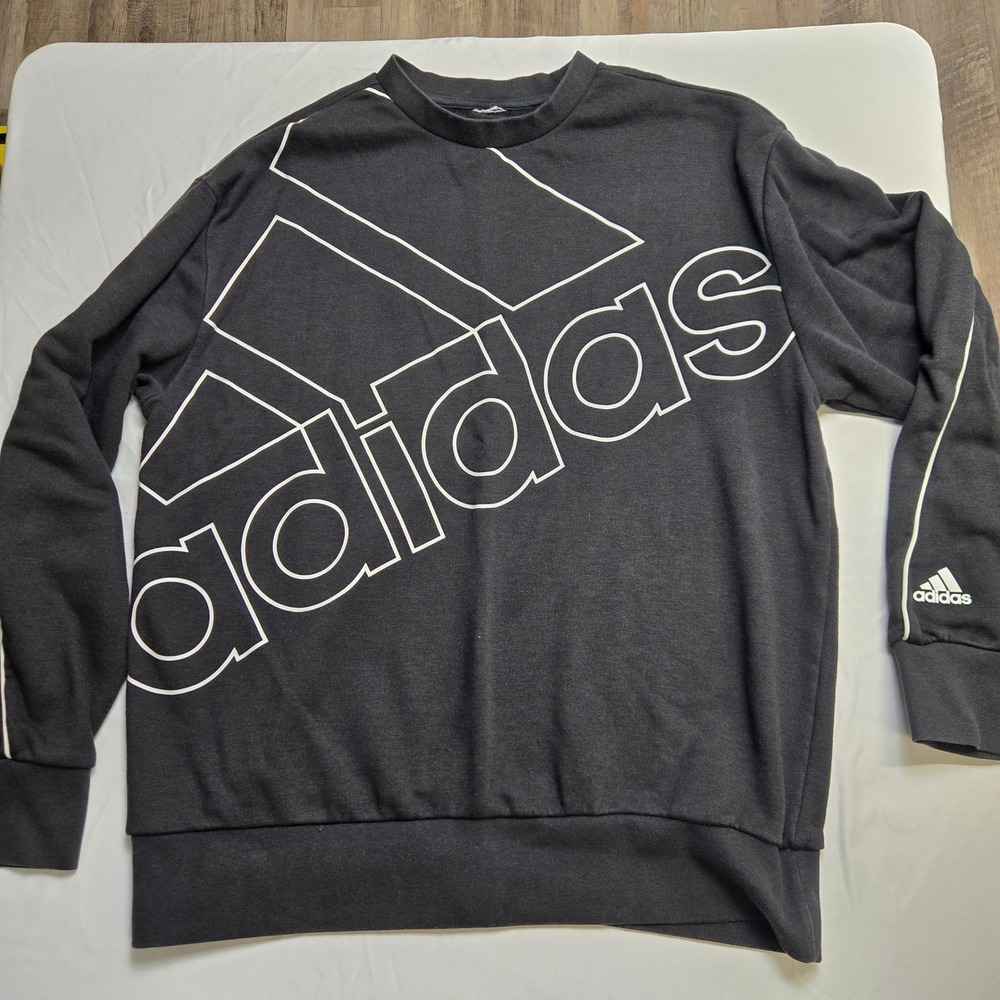 Adidas Mens Graphic Logo Crewneck Sweatshirt Black White Piping Pullover L
